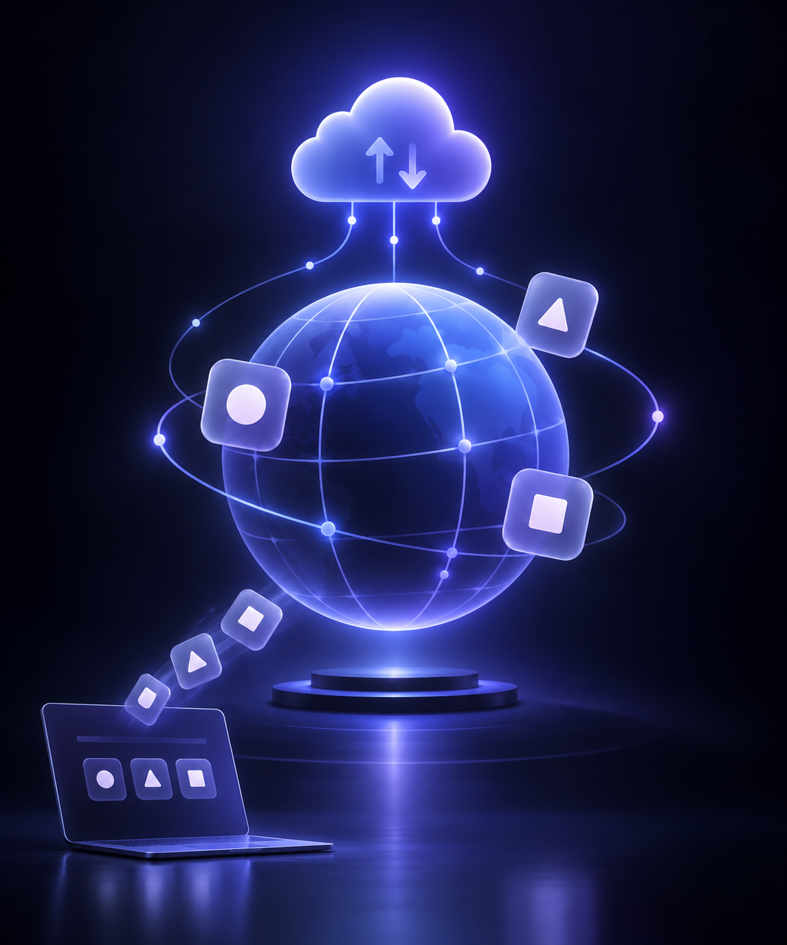 Icon tiles orbiting a glowing cloud-connected globe